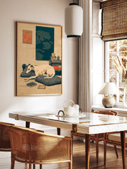 Japanese woodblock style greyhound dog wall art print showing a cream dog resting on cushions in a serene room with art. - Image 2