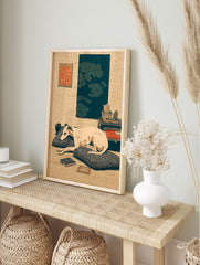 Japanese woodblock style greyhound dog wall art print showing a cream dog resting on cushions in a serene room with art. - Image 3