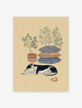 Illustrated greyhound dog laying down with patterned pillows and potted plants on a beige background, bohemian wall art.