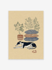 Illustrated greyhound dog laying down with patterned pillows and potted plants on a beige background, bohemian wall art.