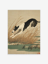 Black and white greyhound running through tall golden grass in a Japanese style art print, against a beige background.