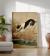 Black and white greyhound running through tall golden grass in a Japanese style art print, against a beige background. - Image 3
