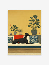 Japanese style Greyhound Wall Art print with a black dog on a sofa, green plants, and yellow background.
