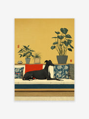 Japanese style Greyhound Wall Art print with a black dog on a sofa, green plants, and yellow background.
