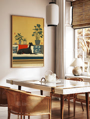 Japanese style Greyhound Wall Art print with a black dog on a sofa, green plants, and yellow background. - Image 2