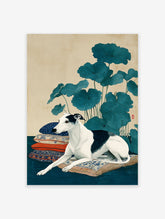 Japanese style greyhound dog wall art print lying on patterned pillows with large blue lotus leaves in a cream background.
