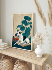 Japanese style greyhound dog wall art print lying on patterned pillows with large blue lotus leaves in a cream background. - Image 3