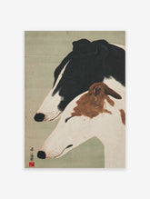 Japanese style Greyhound wall art print with two serene black and white and brown and white dogs on a green background.