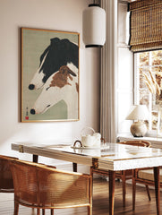 Japanese style Greyhound wall art print with two serene black and white and brown and white dogs on a green background. - Image 2