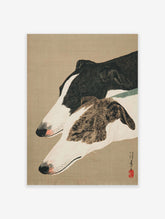 Japanese woodblock print of two greyhound dogs, one black and white, one brindle, in profile on a beige background. Greyhound wall art.