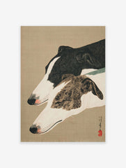 Japanese woodblock print of two greyhound dogs, one black and white, one brindle, in profile on a beige background. Greyhound wall art.