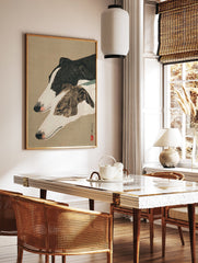 Japanese woodblock print of two greyhound dogs, one black and white, one brindle, in profile on a beige background. Greyhound wall art. - Image 2