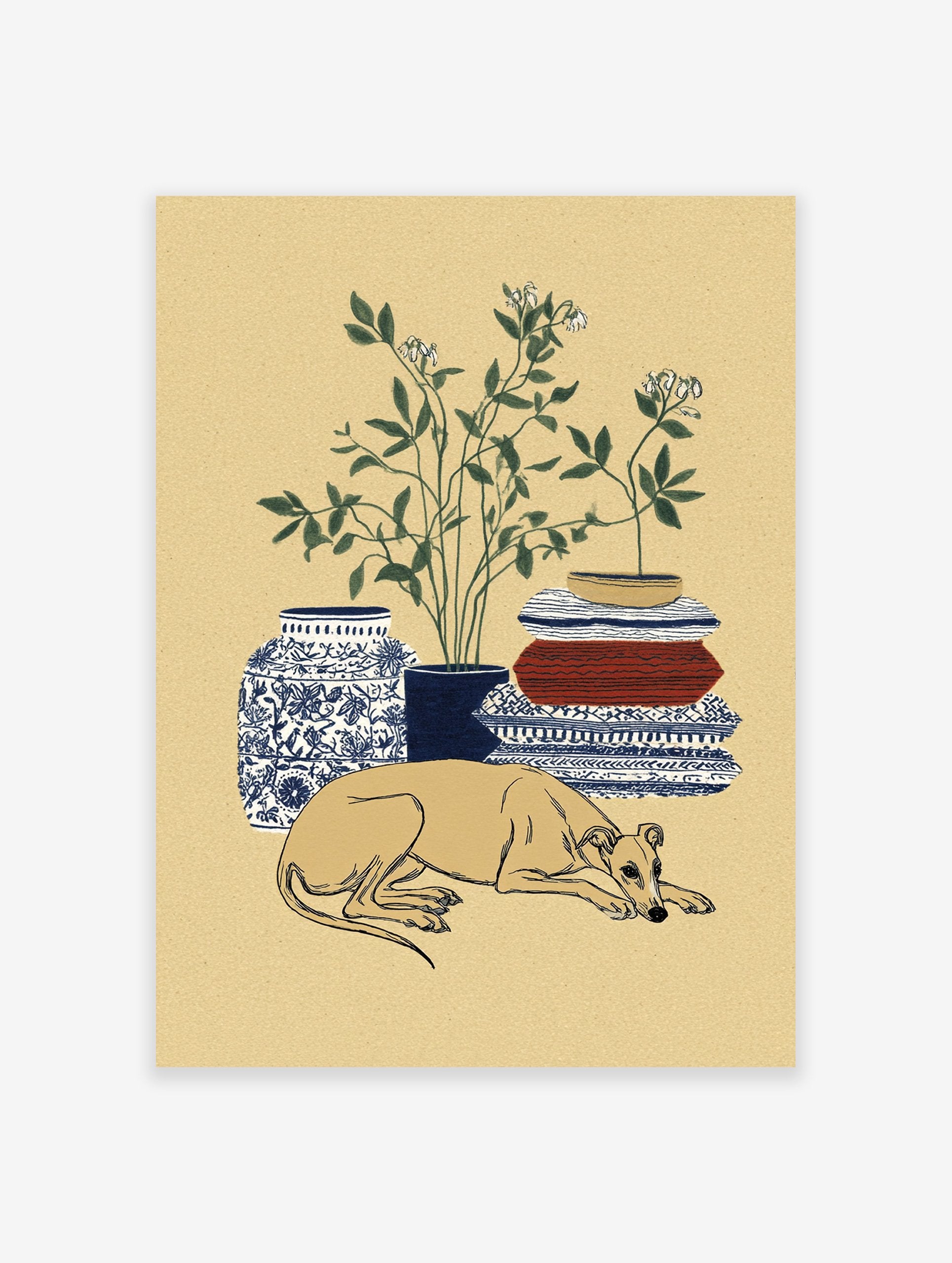 Greyhound wall art print of a sleeping dog with botanical plant, blue vase, and patterned blankets.