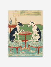 Greyhounds wall art showing two black and white dogs playing chess at a red table in an illustrated style.