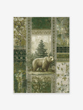 Grizzly bear illustration in green forest with ornate patterns, vintage wall art print