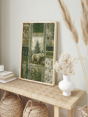 Grizzly bear illustration in green forest with ornate patterns, vintage wall art print, in an alternate framed mockup