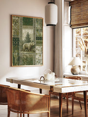 Grizzly bear illustration in green forest with ornate patterns, vintage wall art print, in a styled room mockup