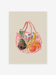 Illustrated art print featuring a pink mesh shopping bag filled with groceries like avocado, bananas, and oranges.