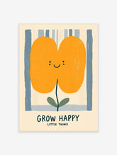Orange flower with smiley face and 'GROW HAPPY' text on blue striped background, unframed paper print