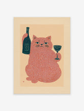 Grumpy red cat art print holding a dark blue wine bottle and a glass on a light peach background, illustrative style.