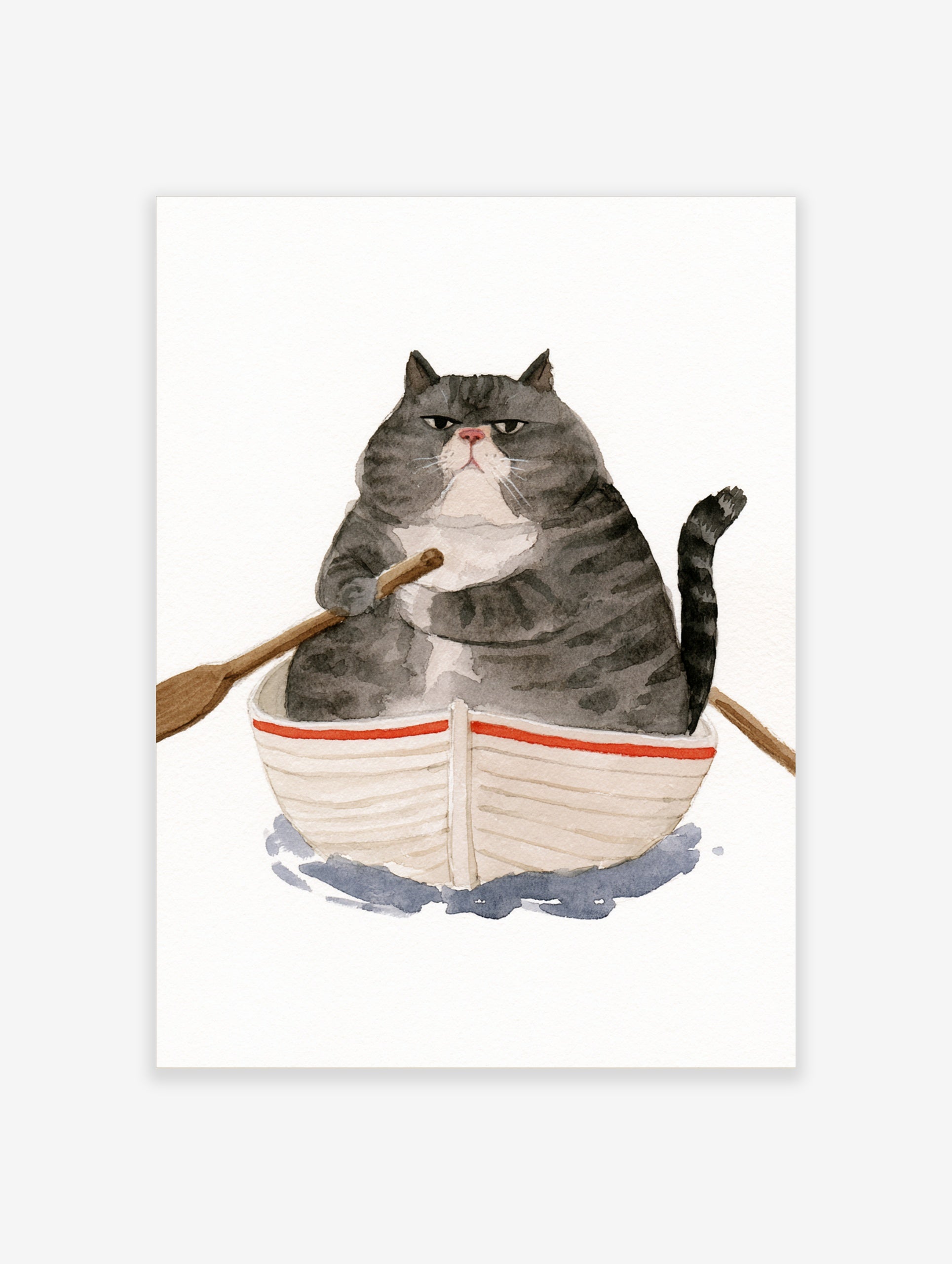 Watercolor illustration of a grumpy fat cat in a small rowing boat on a white background