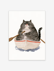 Watercolor illustration of a grumpy fat cat in a small rowing boat on a white background