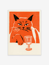 Illustrative art print of a grumpy orange cat next to a glass on a vibrant orange background
