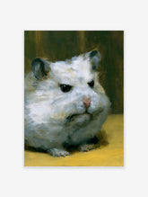 Painterly oil-style portrait of a grumpy white hamster on a yellow surface against a dark background