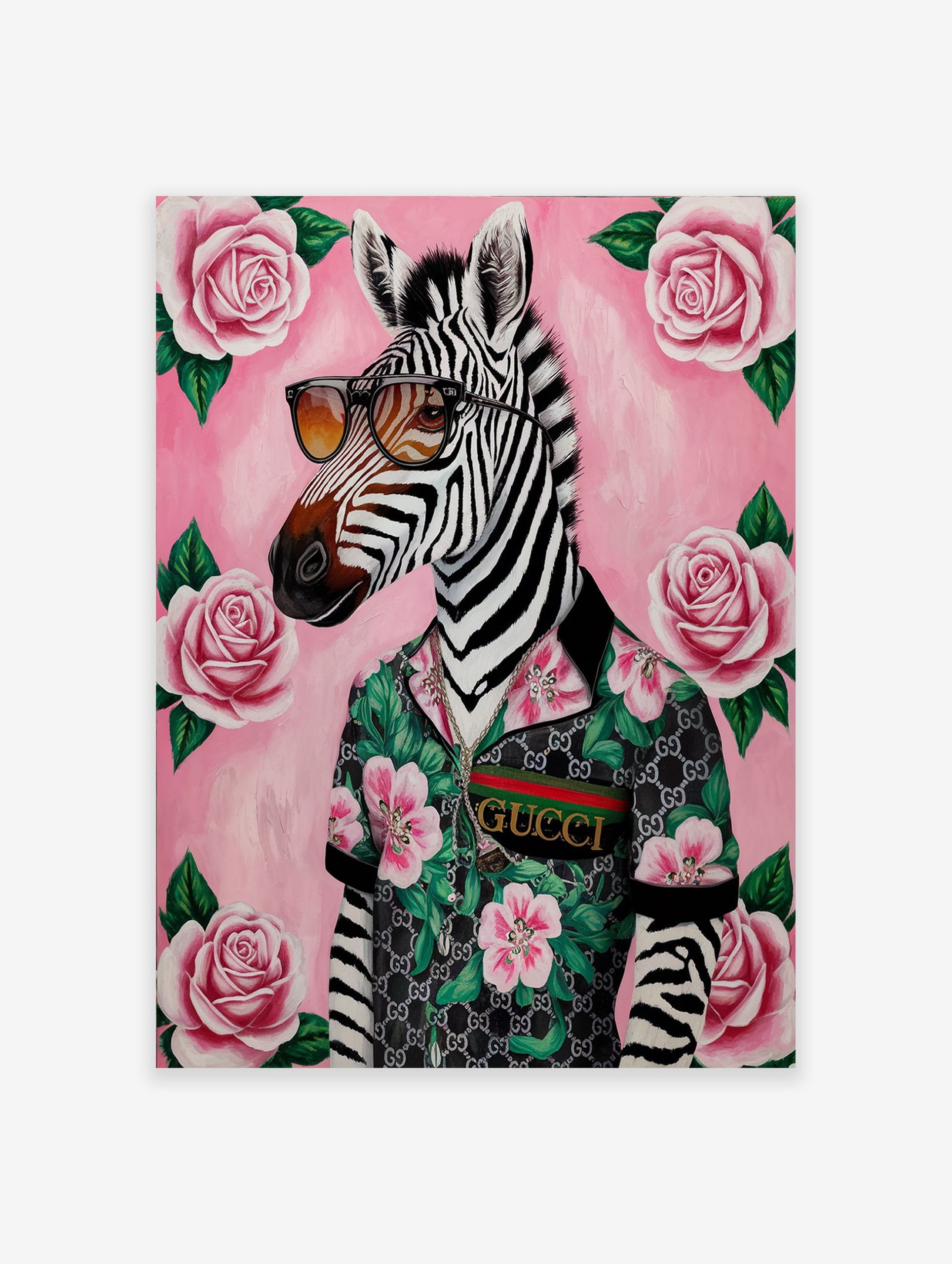 Gucci Zebra Art Poster of a cool zebra wearing sunglasses and a floral shirt surrounded by pink roses.