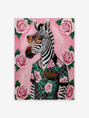 Gucci Zebra Art Poster of a cool zebra wearing sunglasses and a floral shirt surrounded by pink roses.
