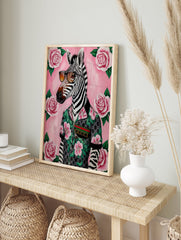 Gucci Zebra Art Poster of a cool zebra wearing sunglasses and a floral shirt surrounded by pink roses. - Image 4