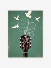 Vintage style guitar headstock wall art with white doves flying from it on a teal background
