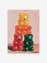 Stacked gummy bear art print featuring yellow, orange, red, and green candy in an impasto painting style on a pink background.