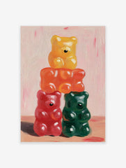 Stacked gummy bear art print featuring yellow, orange, red, and green candy in an impasto painting style on a pink background.