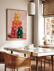 Stacked gummy bear art print featuring yellow, orange, red, and green candy in an impasto painting style on a pink background. - Image 2