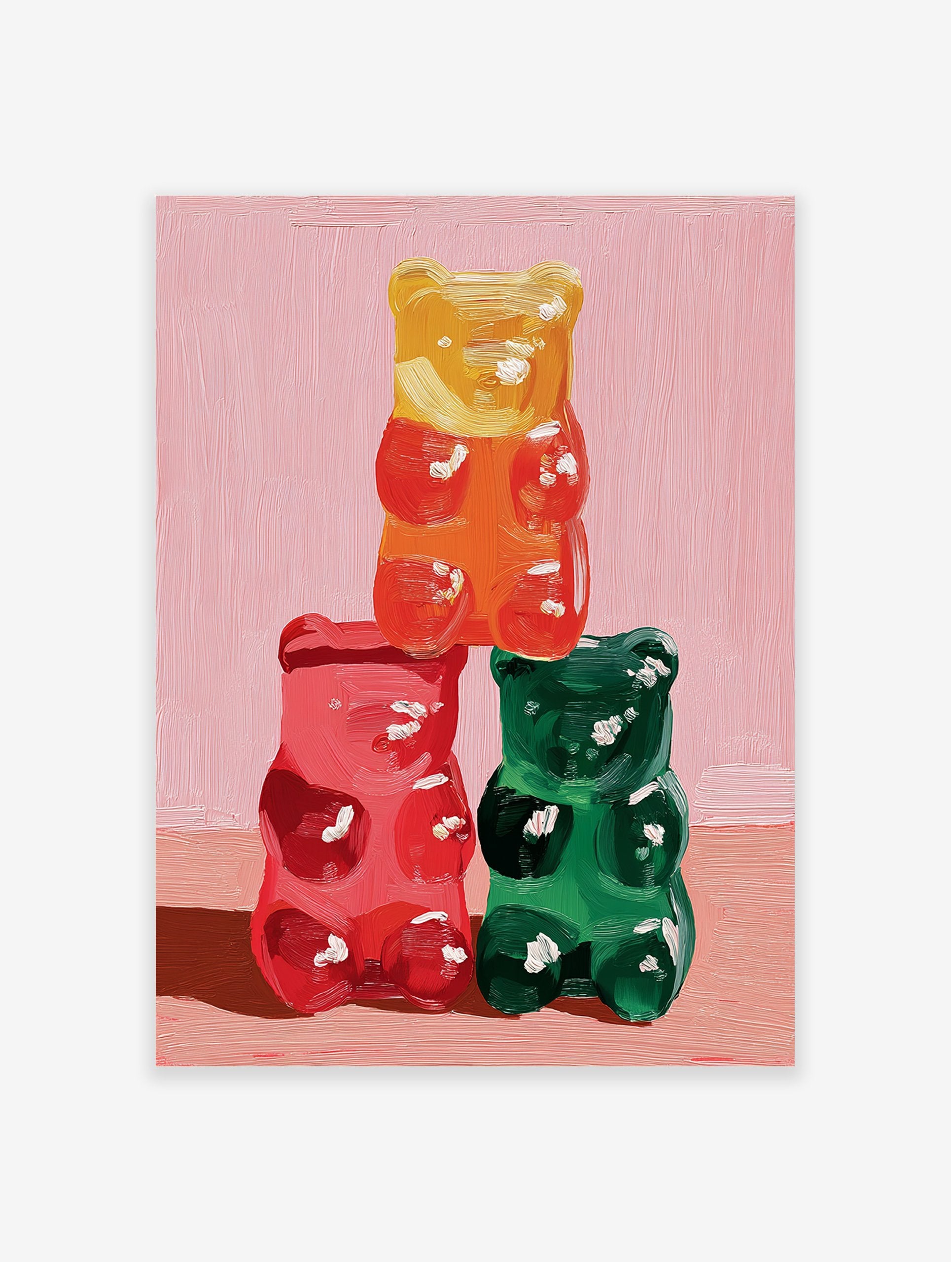 Stacked yellow, red, and green gummy bear oil painting on a pink background, Gummy Bear Wall Art