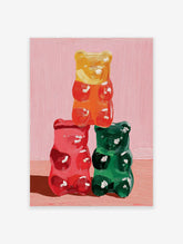 Stacked yellow, red, and green gummy bear oil painting on a pink background, Gummy Bear Wall Art
