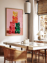 Stacked yellow, red, and green gummy bear oil painting on a pink background, Gummy Bear Wall Art - Image 2