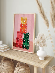 Stacked yellow, red, and green gummy bear oil painting on a pink background, Gummy Bear Wall Art - Image 3