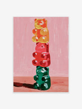 Painterly Gummy Bear Wall Art showing three stacked colorful gummy bears (orange, red, green) on a pink background.