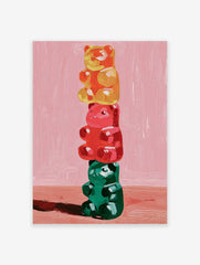Painterly Gummy Bear Wall Art showing three stacked colorful gummy bears (orange, red, green) on a pink background.