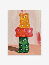 Stacked yellow, red, and green gummy bear oil painting on a light pink background, vibrant Gummy Bear Wall Art