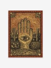 Hamsa Hand Desert Poster featuring an eye in the palm, surrounded by saguaro cacti and desert plants in a vintage illustration style.