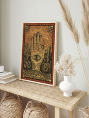 Hamsa Hand Desert Poster featuring an eye in the palm, surrounded by saguaro cacti and desert plants in a vintage illustration style. - Image 4