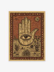 Hamsa Hand poster with an eye in the palm, set in a desert scene with cacti, agave plants, and a sun in a cultural art style.