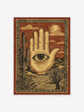 Hamsa Hand Poster featuring an eye in a desert landscape with saguaro cacti, mountains, and sun in a vintage illustrative style.