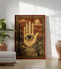 Hamsa Hand Poster featuring an eye in a desert landscape with saguaro cacti, mountains, and sun in a vintage illustrative style. - Image 3
