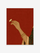 Illustrative art print of a hand holding a small flower, wearing gold bangles, set against a solid red background