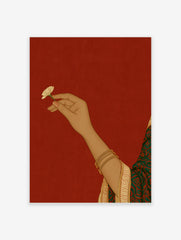 Illustrative art print of a hand holding a small flower, wearing gold bangles, set against a solid red background