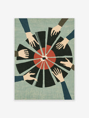 Graphic illustration of multiple hands reaching towards a red and black segmented circular design on a blue-grey background
